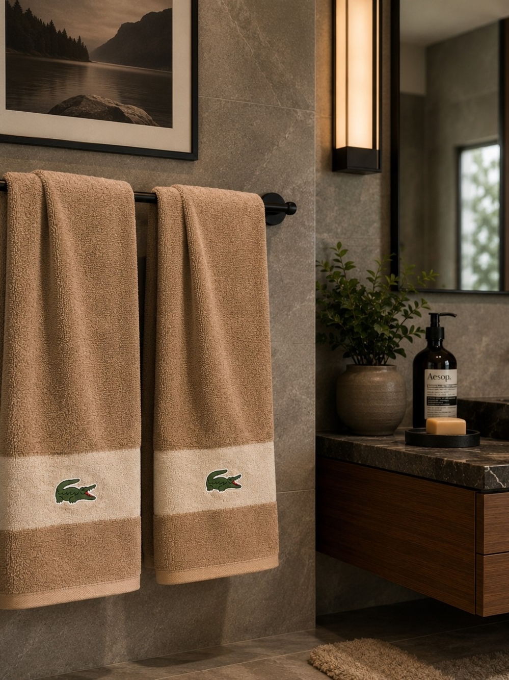 Lacoste Beige Cotton Bath Towels - Set of 2